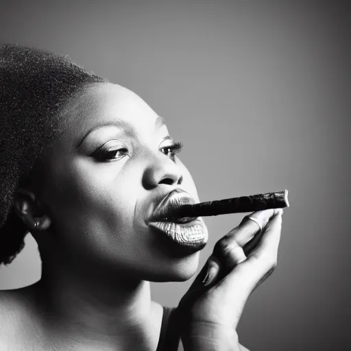 Prompt: a photography of a black woman blowing smoke. black and white, 8 k