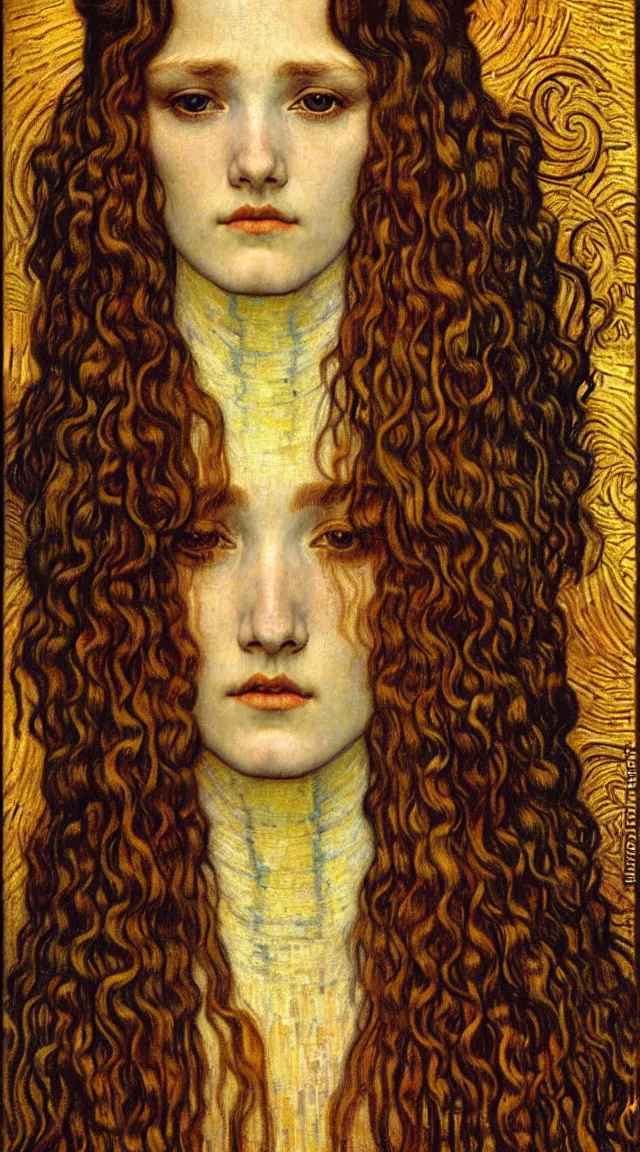 Image similar to detailed realistic beautiful young medieval queen face portrait by jean delville, gustav klimt and vincent van gogh, art nouveau, symbolist, visionary, gothic, pre - raphaelite, muted earthy colors, desaturated