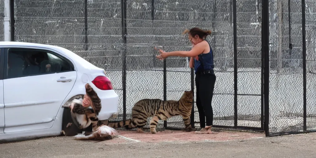 Image similar to threw the girl and the cat out of the car near the prison cage