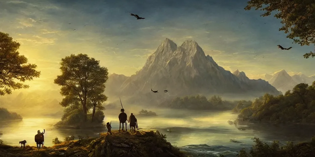 Image similar to A majestic landscape featuring a river, mountains and a forest. A group of birds is flying in the sky. There is an old man with a dog standing next to him. The man is wearing a backpack. They are both staring at the sunset. Cinematic, very beautiful, painting in the style of Lord of the rings