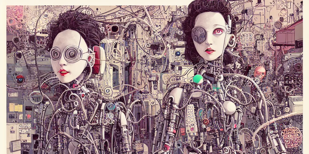 Image similar to risograph grainy drawing vintage sci - fi, antagonist girl, satoshi kon color palette, face covered with robot parts and wires, wearing futuristic scaphander with lot of wires and tentacles, robot parts around and on the background, parking lot, painting by moebius and satoshi kon and dirk dzimirsky close - up portrait