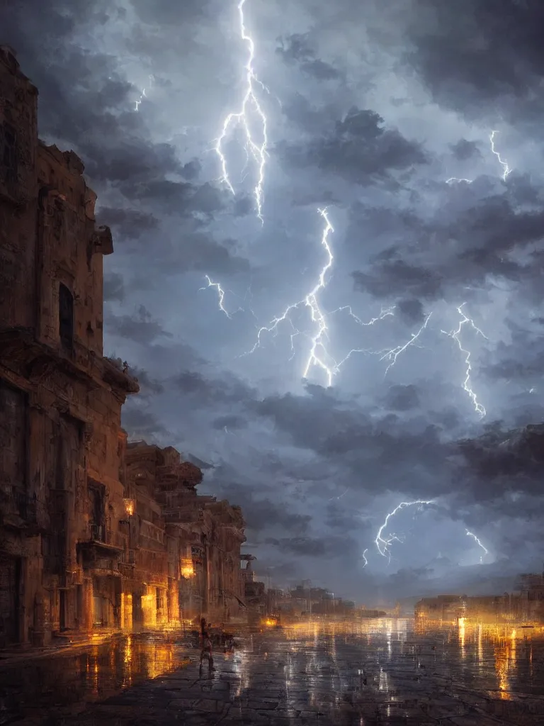 Image similar to epic scenery ancient city of troy under a sky full of lightning, intricate, elegant, volumetric lighting, digital painting, highly detailed, artstation, sharp focus, illustration, concept art, ruan jia, steve mccurry