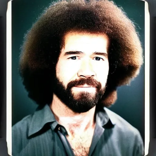 Image similar to Mugshot Portrait of Bob Ross, taken in the 1970s, photo taken on a 1970s polaroid camera, grainy, real life, hyperrealistic, ultra realistic, realistic, highly detailed, epic, HD quality, 8k resolution, body and headshot, film still, front facing, front view, headshot and bodyshot, detailed face, very detailed face