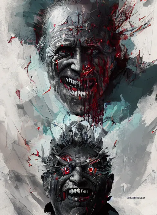 Image similar to crazy mad Joe Biden grinning demonic sadistic smile all powerful emperor of the world, high contrast, cosmic horror, abstract, masterpiece, trending on ArtStation, by Greg Rutkovski and by Craig Mullins and by David Cronenberg and by Ismail Inceoglu