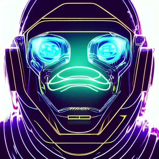 Prompt: a cyberpunk monkey, clear vector, vectorial curves, sci-fi, close-up, cybernetic implant, neon, cyberpunk, center frame portrait, 2D, matte-painting