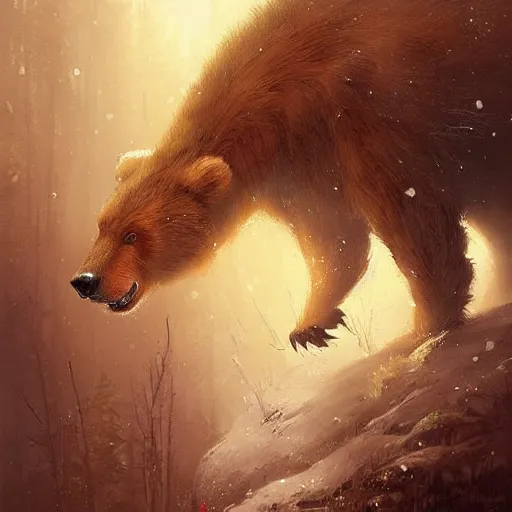 Prompt: a creature that is a hybrid between a bear and a bunny with golden brown antlers. Jordan Grimmer. Geoffroy Thoorens. Jakub Różalski.