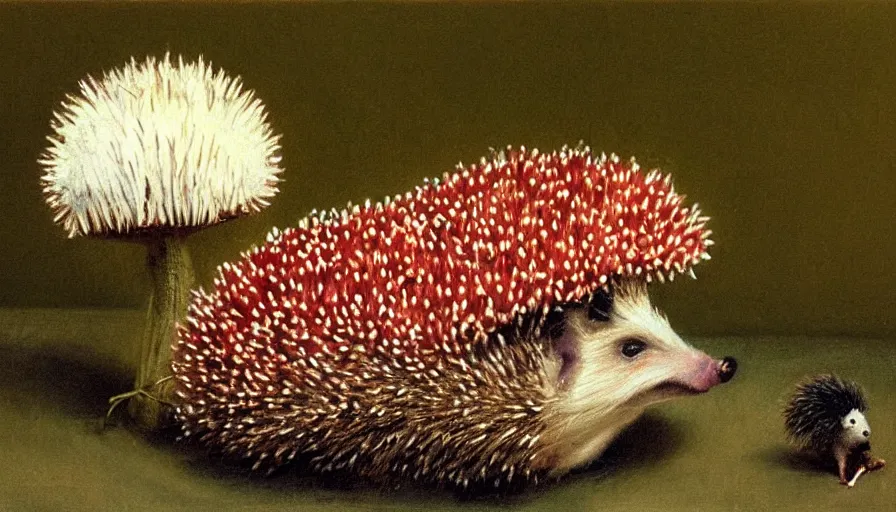 Image similar to painting by borremans, hedgehog with purple needles hides under fly agaric from the rain, detailed, stunning