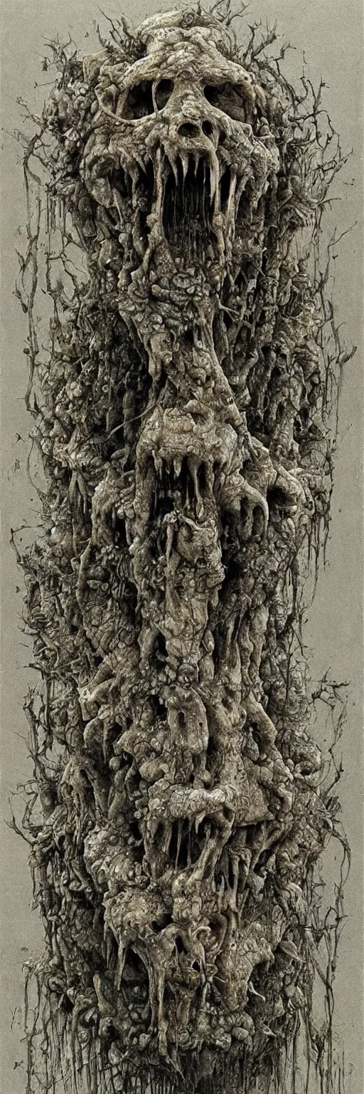 Image similar to disgusting, vile, rotten, filthy, vomit, insectoid, insect, infestation, gross, repugnant, crazy, insane, fangs, evil, style of zdislaw beksinski