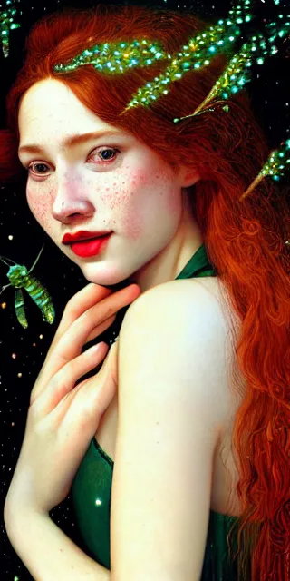 Image similar to infp young woman, smiling amazed, golden fireflies lights, full covering intricate detailed dress, amidst nature, long red hair, accurate linework, green eyes, small nose with freckles, oval shape face, realistic, expressive emotions, dramatic lights, hyper realistic ultrafine art by artemisia gentileschi, caravaggio, jessica rossier, boris vallejo