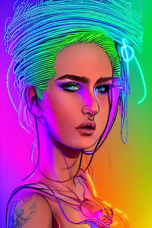 Image similar to a award winning portrait of a beautiful woman with stunning eyes in a one off shoulder croptop and cargo pants with rainbow colored hair, outlined by whirling illuminated neon lines and fine lines swirling in circles by ossdraws, digital art, trending on artstation