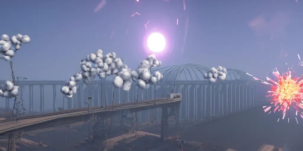 Image similar to explosion in the form of cotton plant on the huge long crimean bridge, team fortress style, 3 d octane remder, epic lighting, 8 k, by goro fujita