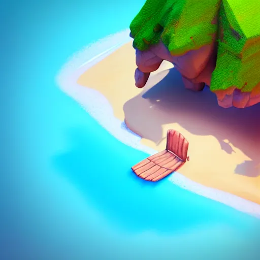 Prompt: Isometric 3D Fantasy Cute Beach, Smoth 3D Illustration, soft render, Servando Lupini, handpaint texture, Blender, 3DCoat