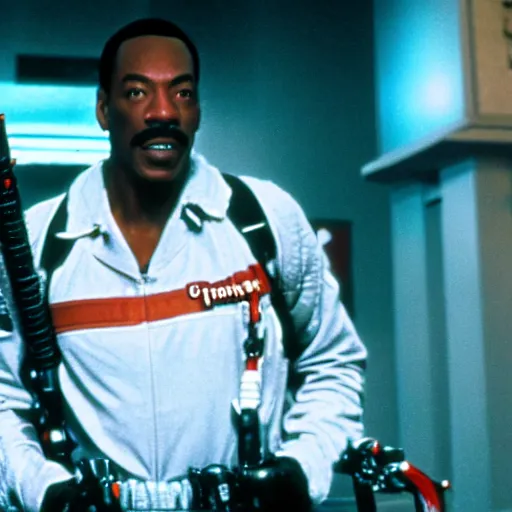 Image similar to awe inspiring Eddie Murphy playing a Ghostbuster in a still from the movie Ghostbusters 8k hdr