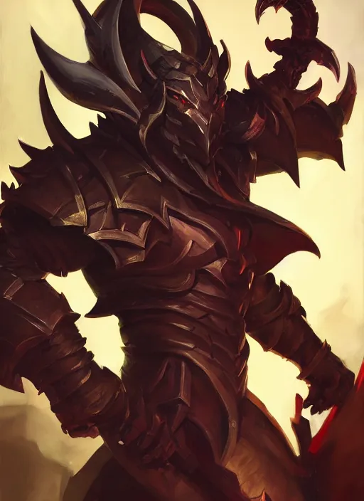 Image similar to Greg Manchess portrait painting of a demonic, devil armored character from league of legends, full shot, asymmetrical, profile picture, Organic Painting, sunny day, Matte Painting, bold shapes, hard edges, street art, trending on artstation, by Huang Guangjian and Gil Elvgren and Sachin Teng