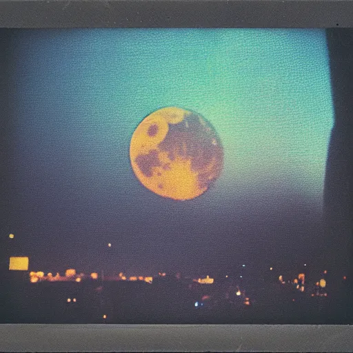 Prompt: colorful instant photograph of the moon in a city at night, polaroid, light leak, raw, nostalgic