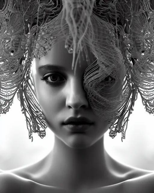 Image similar to mythical dreamy underwater artistic black and white 3 d render of a translucent beautiful young female angelic - medusa - vegetal - doll, highly detailed, intricate crystal ivy jelly ornate, poetic, translucent algae ornate, digital art, octane render, 8 k artistic photography, photo - realistic, hg giger flora borsi