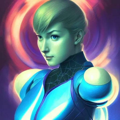 Prompt: head and shoulders portrait of Zero Suit Samus, semi realistic, digital illustration, fantasy, medium shot, intricate, elegant, highly detailed, digital painting, volumetric light, artstation, concept art, smooth, sharp focus, art by Sachin Teng and Gil Elvgren and Greg Manchess and Alphonse Mucha