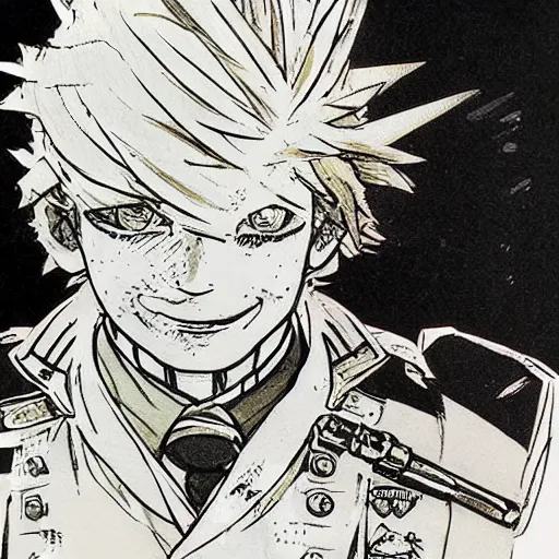 Prompt: beautiful portrait of tommy pickles!!! in a fancy naval uniform, [ concept art by yoji shinkawa ], felt tip pen, intricate detail, sharp focus, illustration