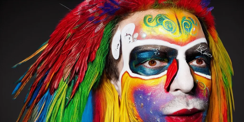 Image similar to ney matogrosso with multicolored paint on face, leather, lace, gold wings on head, skeleton body painting by gottfried helnwein