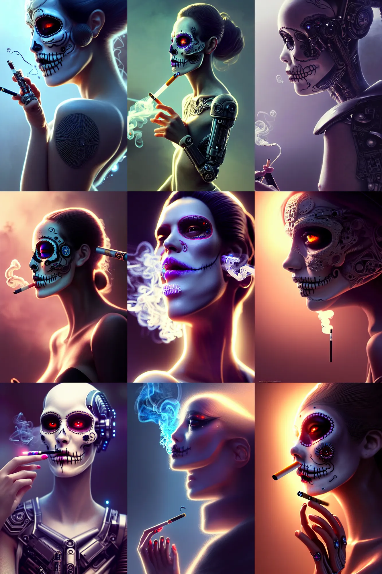 Prompt: ultra detailed, beautiful female android smoking a cigarette, scifi, cyborg, fantasy, ( dia de los muertos ), cinematic, intricate detailed, global illumination, octane render, concept art. smoke, calm. photorealistic art by godmachine and michael welan and rossdraws and artgerm and greg rutkowski and wlop. 8 k, hdr