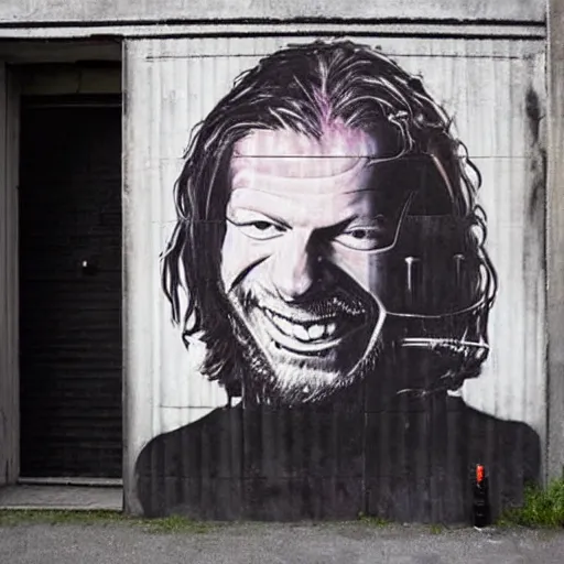 Image similar to Street-art painting of Aphex Twin in style of Banksy, photorealism