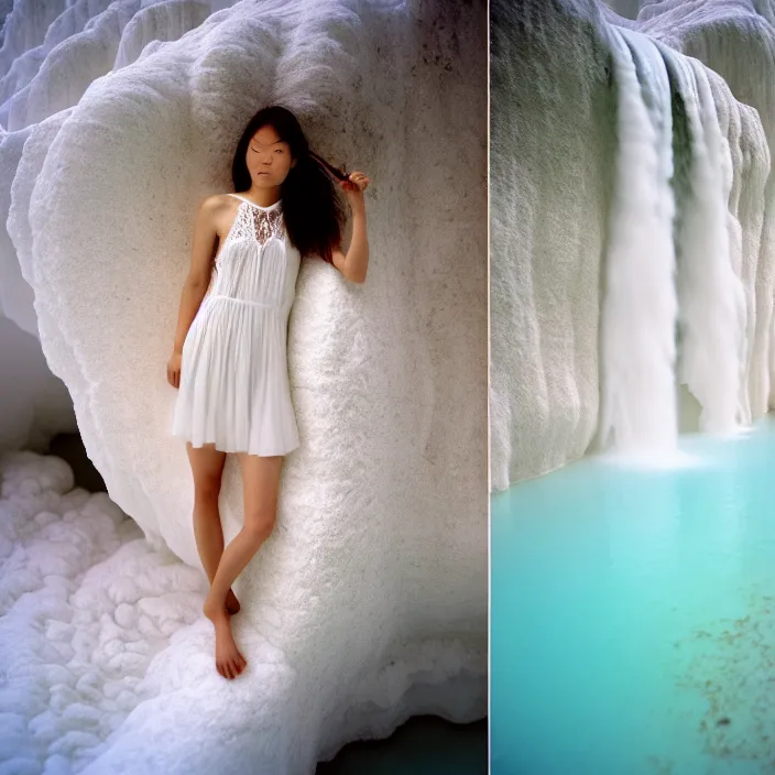 Image similar to Kodak Portra 400, 8K, soft light, volumetric lighting, highly detailed, britt marling style 3/4 ,portrait photo of Kasumi Arimura, the face emerges from Pamukkale, thermal waters flowing down white travertine terraces, inspired by Ophelia paint , a beautiful lace dress and hair are intricate with highly detailed realistic beautiful flowers , Realistic, Refined, Highly Detailed, natural outdoor soft pastel lighting colors scheme, outdoor fine art photography, Hyper realistic, photo realistic