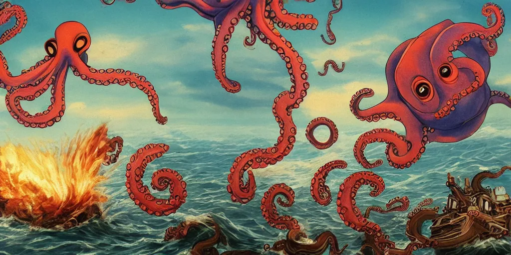 Prompt: orson the omnipotent octopus of the open ocean overpowers an offensive oil tanker, children's book illustration, 8 k