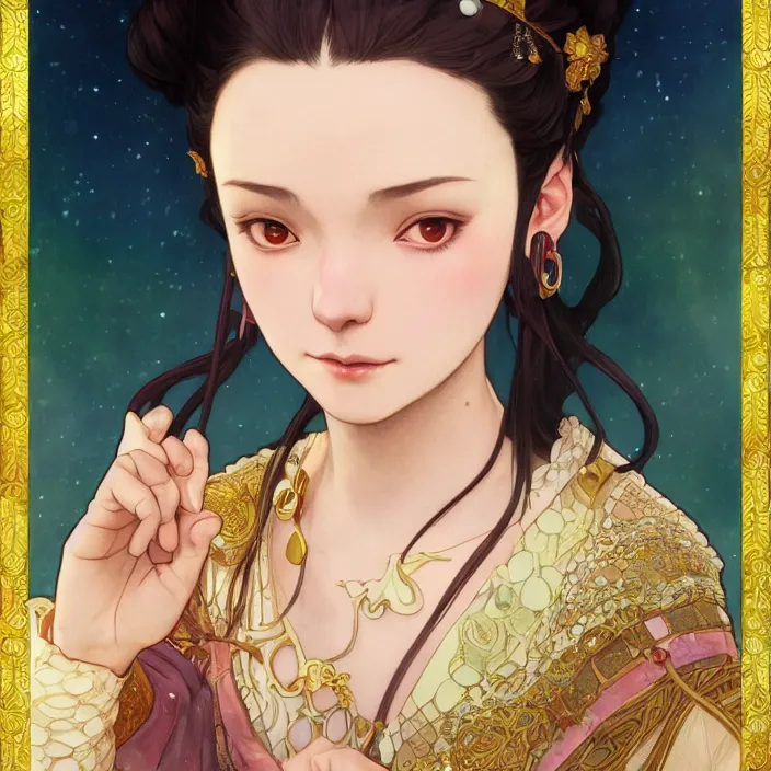 Image similar to kamado nezuko with sparkling eyes, closed up portrait, highly detailed, gold filigree, fantasy, soft cinematic lighting, award, disney concept art, watercolor illustration by mandy jurgens and alphonse mucha and alena aenami, pastel color palette, featured on artstation