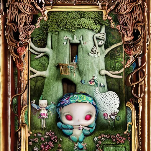 Image similar to tree house and small elephants, lowbrow surrealistic, in the style of Mark Ryden,
