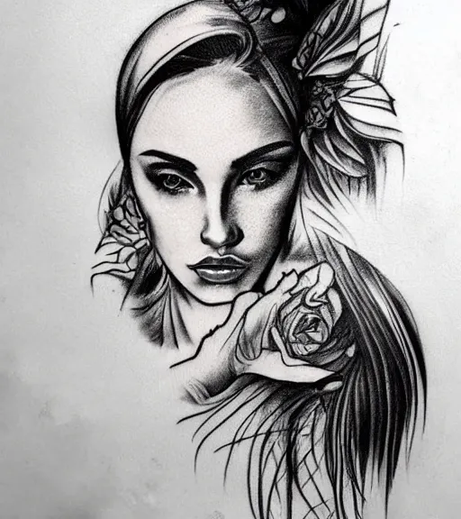 Image similar to tattoo design sketch of a beautiful woman face with a faded background of beautiful mountains and nature on her side, hyper - realistic, in the style of den yakovlev, amazing detail, black and white