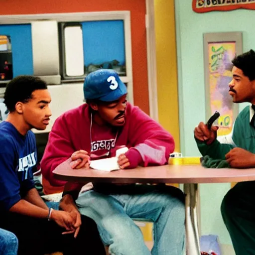 Image similar to a tv still of Chance The Rapper starring as a black college student at Jones College Prep in a 1993 sitcom