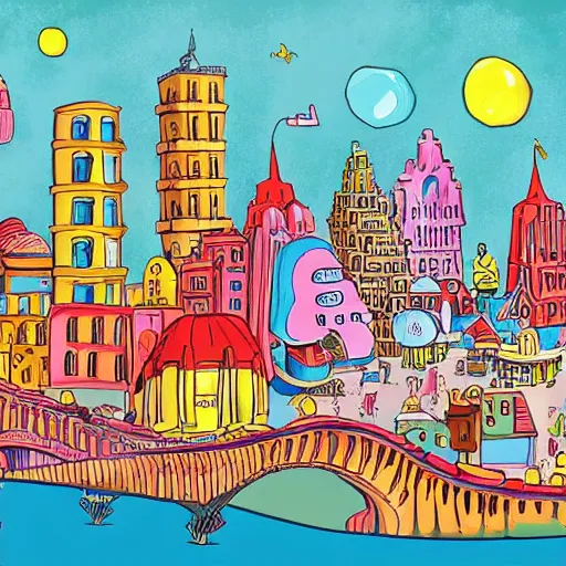 Image similar to fanciful city filled with curvy buildings, by dr seuss, oh the places you'll go, arches, platforms, towers, bridges, stairs, colorful kids book illustration