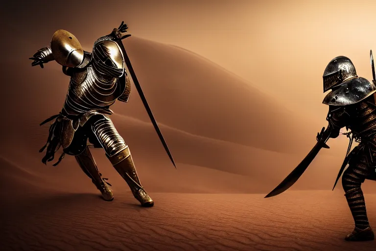 Image similar to A Knight fighting in the desert, Charismatic Character, dust and blood in the air, Gold and Silver Armour Suit, black iron sword, close to defeat, Dramatic Scene, Heroic Battle Scene, dark, intricate, cinematic lighting, highly detailed, digital art, trending on Artstation, 8k, photorealistic, dramatic, volumetric lighting, hyper realistic