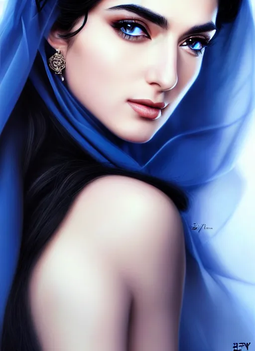 Image similar to ameera al taweel, bright blue eyes, long wavy black hair, white veil, in the style of stefan kostic, realistic, sharp focus, 8k high definition, insanely detailed, intricate, elegant, art by stanley lau and artgerm