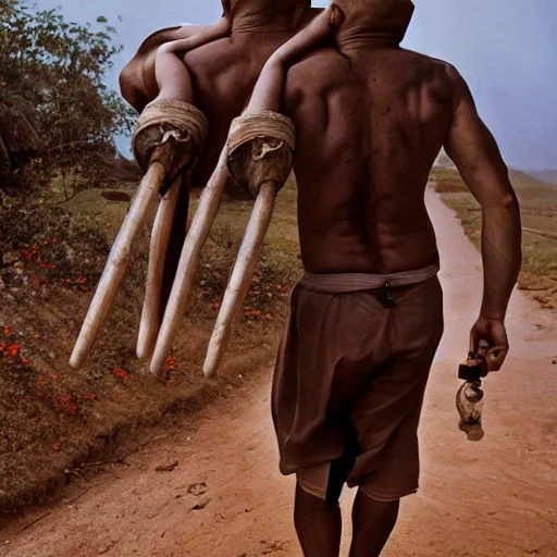 Image similar to a muscular bald man carrying two turbines on his back, portrait photograph, nikon 3 5 mm, photograph by annie leibovitz and steve mccurry