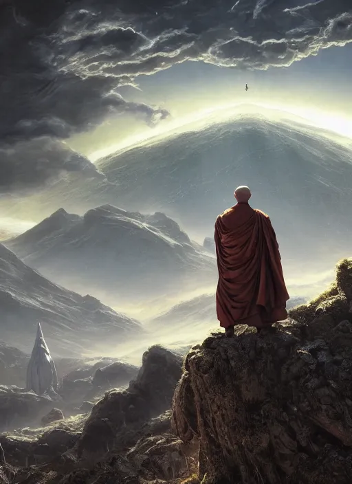 Image similar to a cosmic monk in lord of the rings scenery landscape, looking at a huge futuristic spacecraft hovering in the sky, highly detailed, vivid color, cinematic lighting, perfect composition, 8 k, gustave dore, derek zabrocki, greg rutkowski, belsinski, octane render