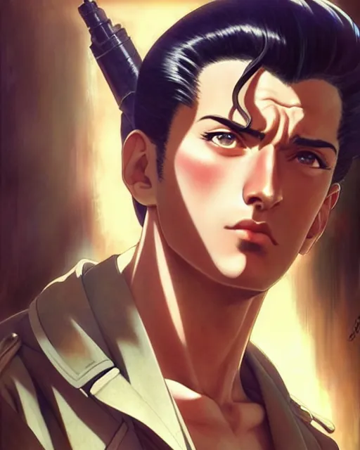 Image similar to portrait Anime 1940s Stallone Sharp fine face, pretty face, realistic shaded Perfect face, fine details. Anime. cyberpunk realistic shaded lighting by katsuhiro otomo ghost-in-the-shell, magali villeneuve, artgerm, rutkowski Jeremy Lipkin and Giuseppe Dangelico Pino and Michael Garmash and Rob Rey