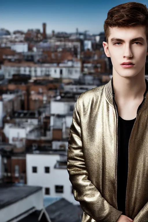 Image similar to un ultra high definition studio quality photographic art portrait of a young man standing on the rooftop of a british apartment building wearing soft padded silver pearlescent clothing. three point light. extremely detailed. golden ratio, ray tracing, volumetric light, shallow depth of field. set dressed.