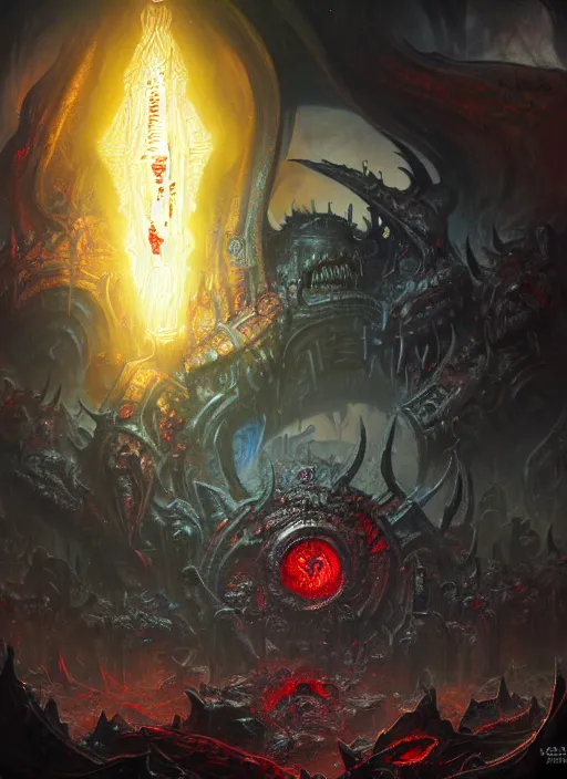 Image similar to wide shot of a warp portal, chaos demons emerging, blood runes glowing, intricate, warhammer, warhammer 4 0 k, highly detailed, digital painting, concept art, sharp focus, illustration, muted colors, grim dark, moody, gloomy, art by john blanche, by pedro nunez, by jaime martinez, by nacho molina