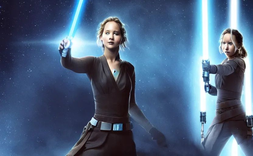 Image similar to jennifer lawrence as a jedi holding up a blue lightsaber, very dark background, official new star wars episode xi movie poster from lucas arts, perfect symmetrical face, full moon, moody lighting, 8 k, shallow depth of field, intricate detail,