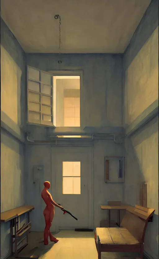Prompt: Inside a prison cell, very coherent, painted by Edward Hopper, Wayne Barlowe, painted by James Gilleard, airbrush, art by JamesJean