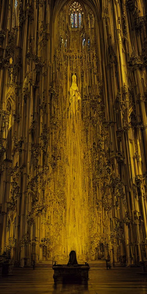 Prompt: a tall pale humanoid wearing a yellow garment sitting upon an ornate stone throne, 4K, digital art, horror, dramatic, wearing a long yellow rotting garment, dark, hyperrealistic, perspective, complex (((dark))) cathedral background with volumetric lights coming in through cathedral windows, dark background, highlights,