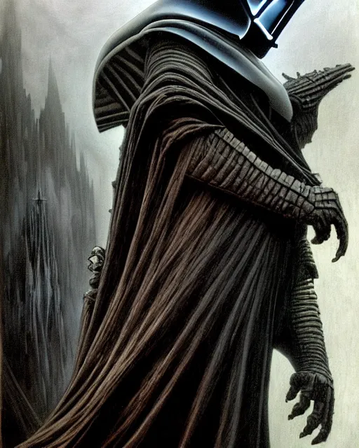 Prompt: side shot of platonic ideal of darth vader, niander wallace, malignant dieselpunk and god complex dementor wild hunt chtulu nazgul mandelbulb davinci, frank frazetta, fantasy, ego death, detailed, intricate, volumetric lighting, hyperrealism, intense, scary, decay, artgerm, greg rutkowski, alphonse mucha