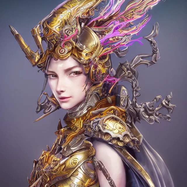 Image similar to studio portrait of lawful good colorful female holy mech paladin as absurdly beautiful, elegant, young woman, eye gear, ultrafine hyperrealistic detailed face illustration by kim jung gi, irakli nadar, intricate linework, sharp focus, bright colors, matte, octopath traveler, final fantasy, unreal engine highly rendered, global illumination, radiant light, intricate environment