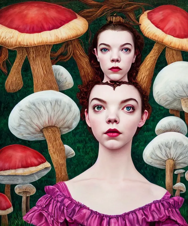 Image similar to portrait of Anya Taylor-Joy in wonderland, giant mushrooms, lowbrow painting by Mark Ryden