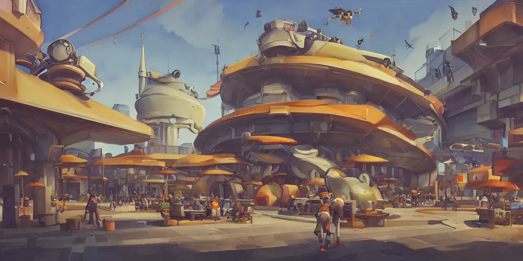 Image similar to overwatch building, stylized, exterior, architecture, in watercolor gouache detailed paintings, insanely detail, artstation, 8 k, futuristic, big medium small, arcane, simon stalenhag, food stall, interesting shapes & form, golden ratio, megastructures, vitaly bulgarov, mall, elites, clean