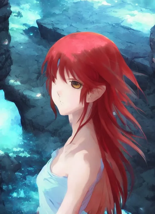 Prompt: anime girl in a cave, red hair, gorgeous face, anime style, digital art, by makoto shinkai, by wenjun lin, perfect shading