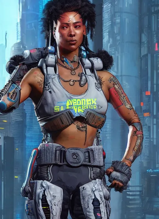 Image similar to sonya. apex legends cyberpunk weight lifter. concept art by james gurney and mœbius. cinematic, dramatic lighting ( cyberpunk 2 0 7 7 ), clean aesthetic