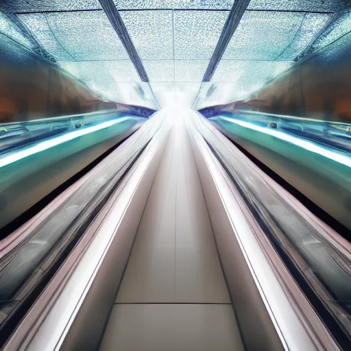 Prompt: approaching futuristic escalator inside white back glossy lit tube with streaming beams of light, building anticipation, scintillating, dichroic, movement, pastel gradients, 8 k, highly detailed, professional photograph, epic composition, modern details