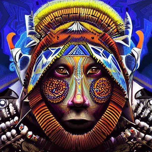 Image similar to digital painting of a warrior shaman with geometric patterns and animals by android jones